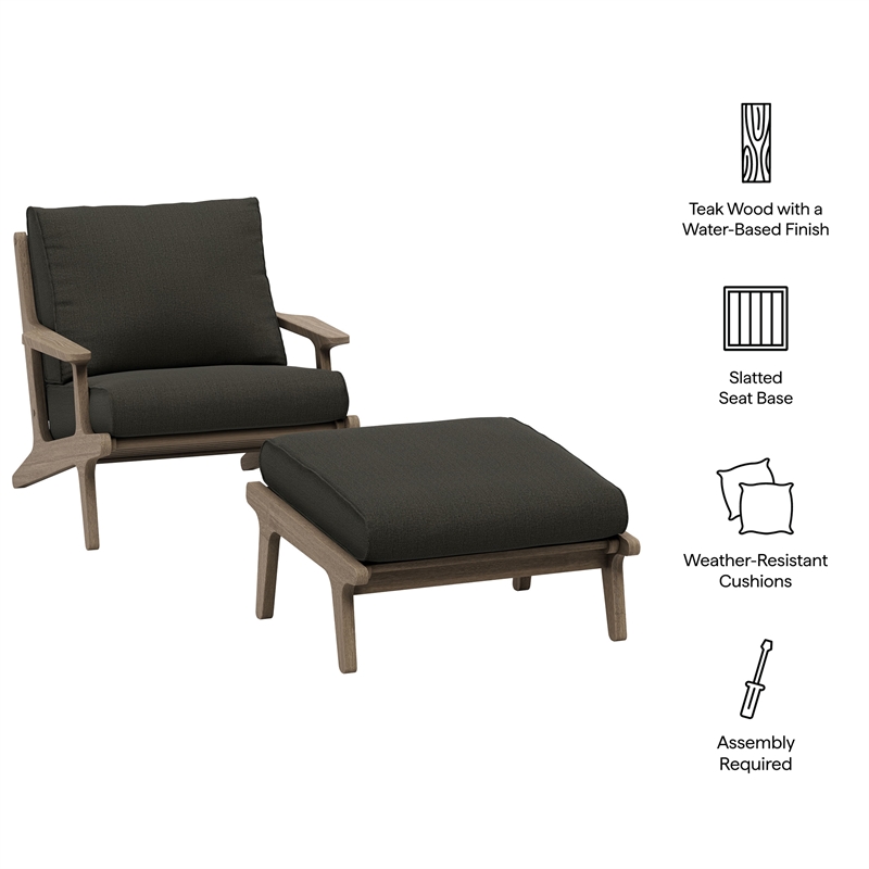 Saratoga Outdoor Teak Wood Chair and Ottoman Set in Weathered Gray Flint