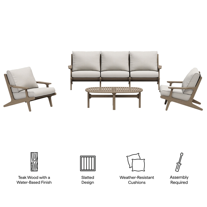 Modway Saratoga 4-Piece Outdoor Teak Wood Furniture Set in Weathered Gray Pebble