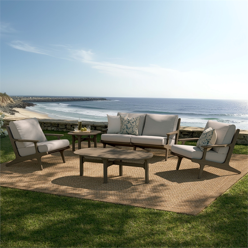 Modway Saratoga 5-Piece Outdoor Teak Wood Furniture Set in Weathered Gray Pebble