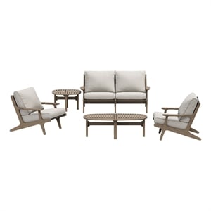 Modway Saratoga 5-Piece Outdoor Teak Wood Furniture Set in Weathered Gray Pebble