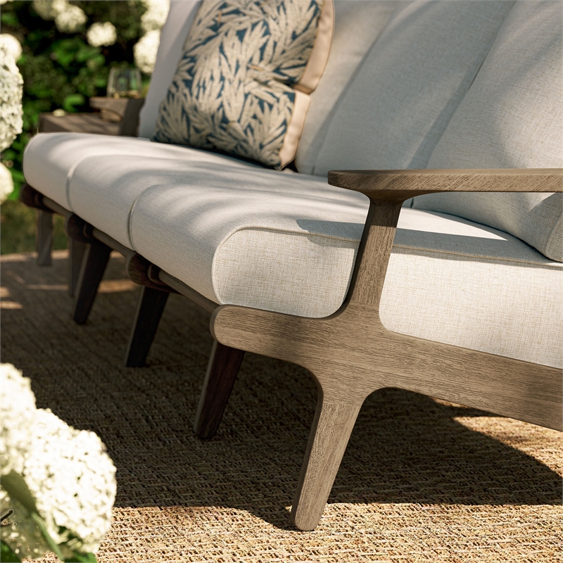 Modway Saratoga Outdoor Teak Wood Slatted Patio Sofa in Weathered Gray Pebble