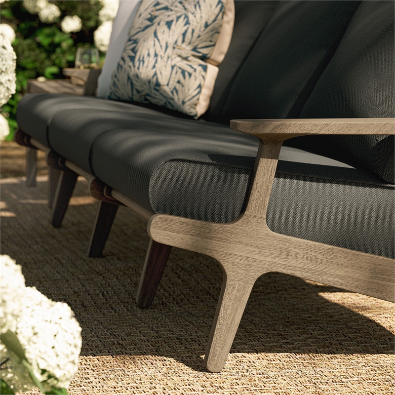 Modway Saratoga Outdoor Teak Wood Slatted Sofa in Weathered Gray Flint