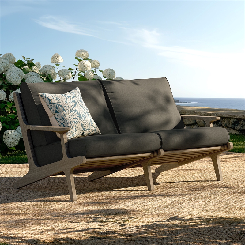Saratoga Outdoor Teak Wood Loveseat in Weathered Gray Flint