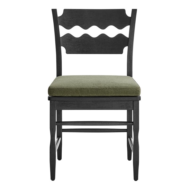 Jax Oak Wood Dining Chair With Wavy Razor Back and Cushion in Black Sage