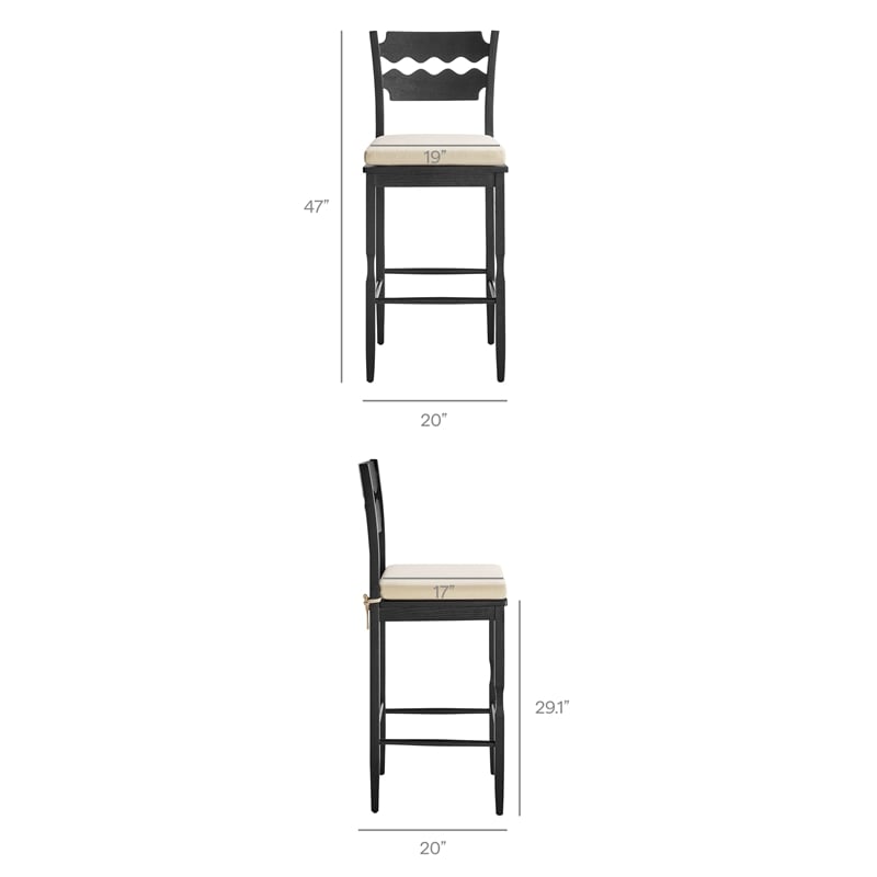 Jax Oak Wood Bar Stool With Wavy Razor Back and Cushion in Black Linen