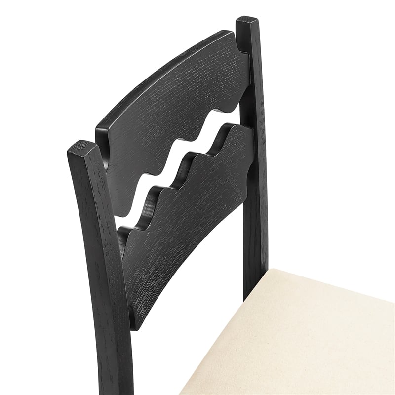 Jax Oak Wood Bar Stool With Wavy Razor Back and Cushion in Black Linen