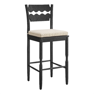 Jax Oak Wood Bar Stool With Wavy Razor Back and Cushion in Black Oatmeal Stripe