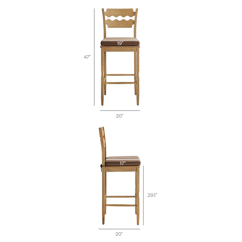 Jax Oak Wood Bar Stool With Wavy Razor Back and Cushion in Weathered Oak Cocoa