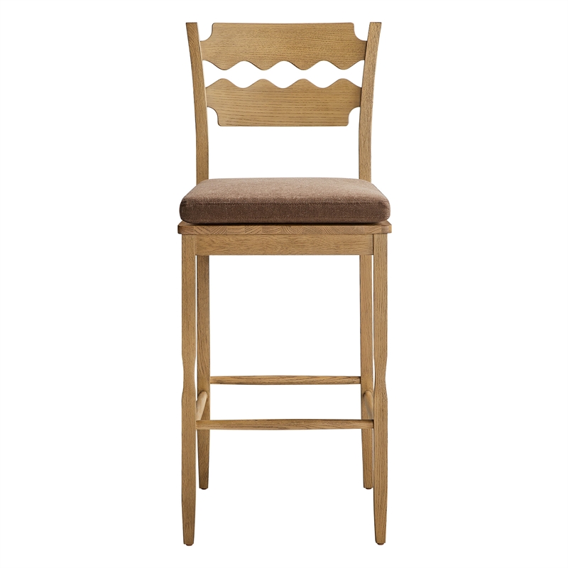 Jax Oak Wood Bar Stool With Wavy Razor Back and Cushion in Weathered Oak Cocoa