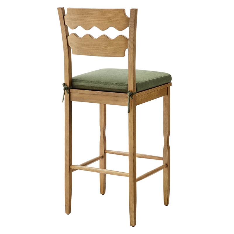 Jax Oak Wood Bar Stool With Wavy Razor Back and Cushion in Weathered Oak Sage