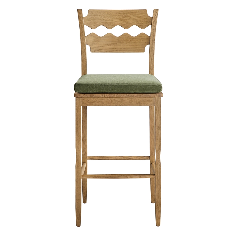 Jax Oak Wood Bar Stool With Wavy Razor Back and Cushion in Weathered Oak Sage