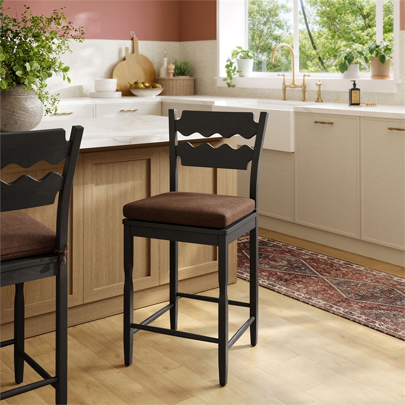 Jax Oak Wood Counter Stool With Wavy Razor Back and Cushion in Black Cocoa