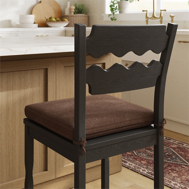 Jax Oak Wood Counter Stool With Wavy Razor Back and Cushion in Black Cocoa
