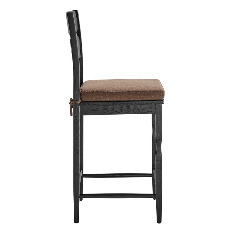 Jax Oak Wood Counter Stool With Wavy Razor Back and Cushion in Black Cocoa