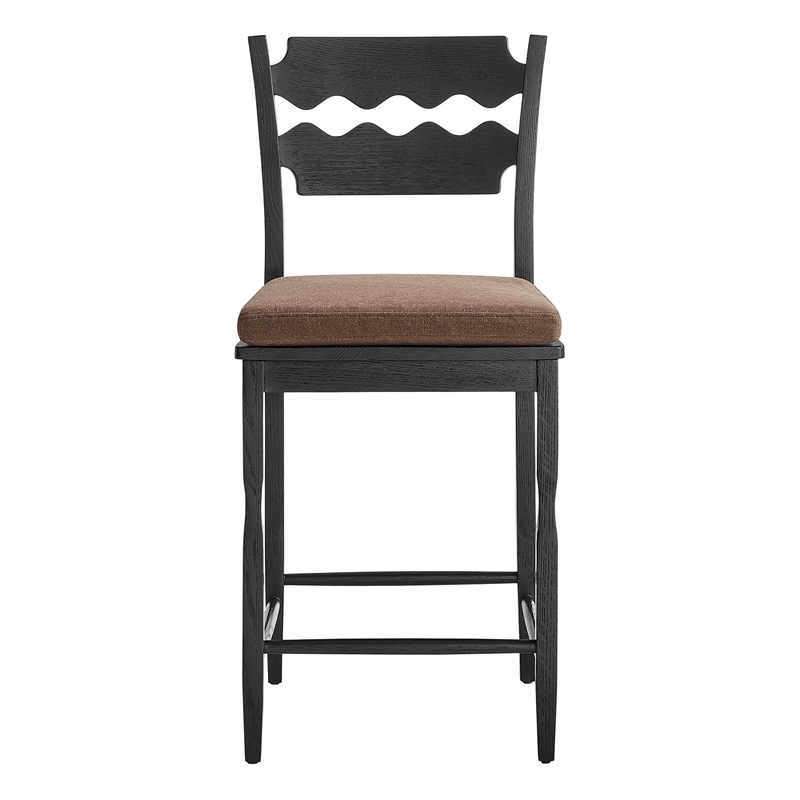 Jax Oak Wood Counter Stool With Wavy Razor Back and Cushion in Black Cocoa