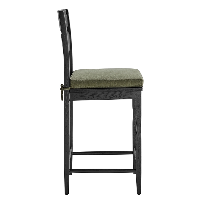 Jax Oak Wood Counter Stool With Wavy Razor Back and Cushion in Black Sage
