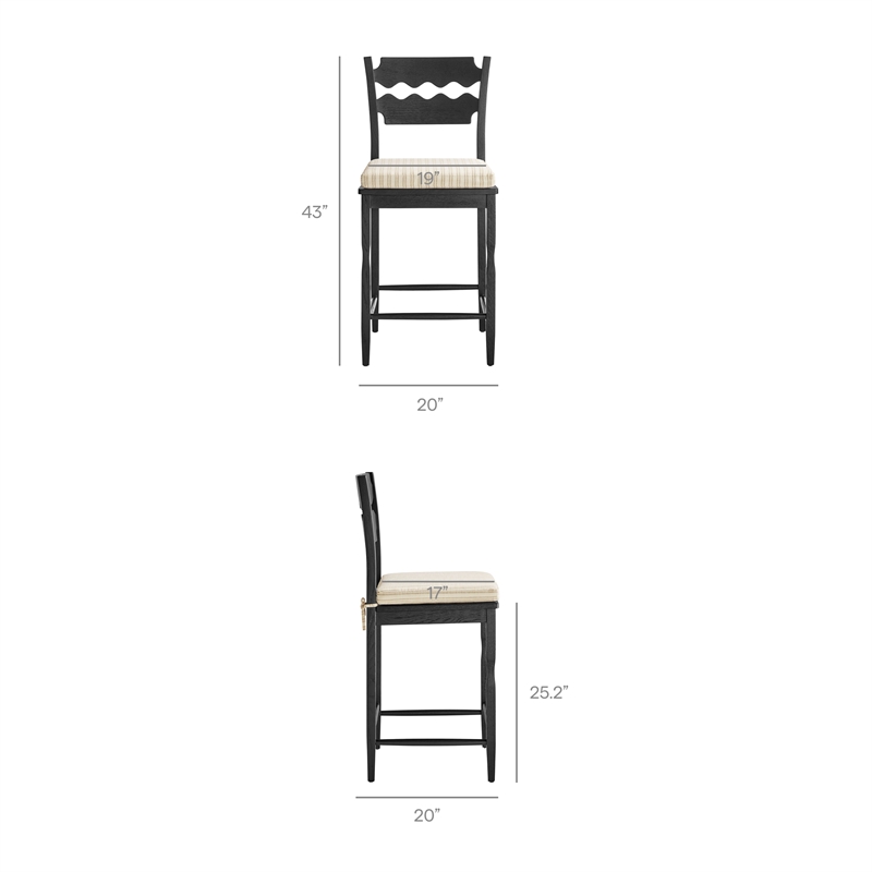 Jax Oak Wood Counter Stool Wavy Razor Back and Cushion in Black Oatmeal Stripe