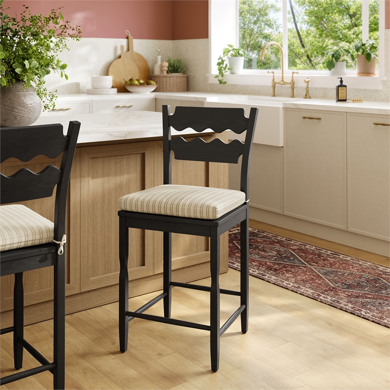 Jax Oak Wood Counter Stool Wavy Razor Back and Cushion in Black Oatmeal Stripe