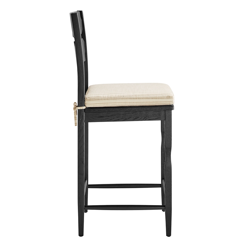 Jax Oak Wood Counter Stool Wavy Razor Back and Cushion in Black Oatmeal Stripe