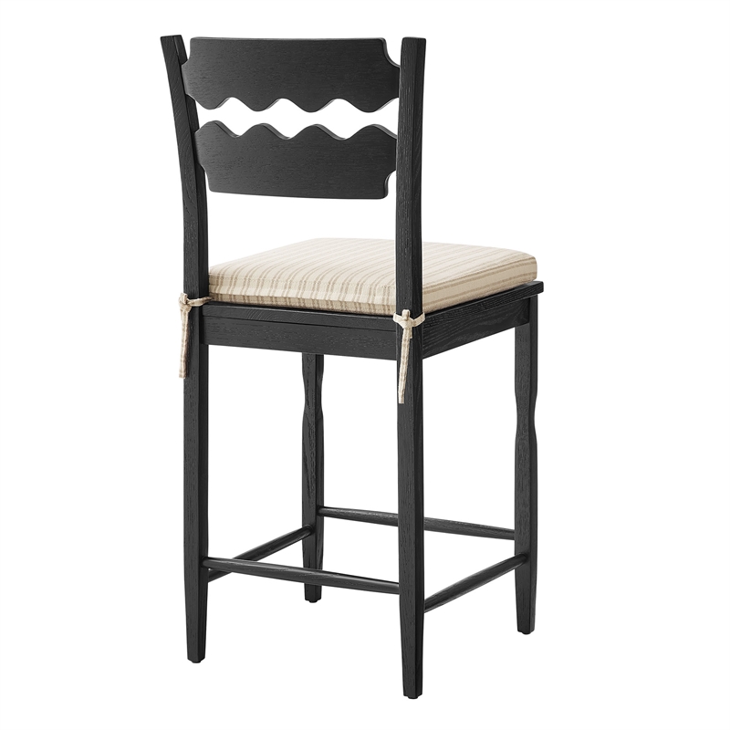 Jax Oak Wood Counter Stool Wavy Razor Back and Cushion in Black Oatmeal Stripe