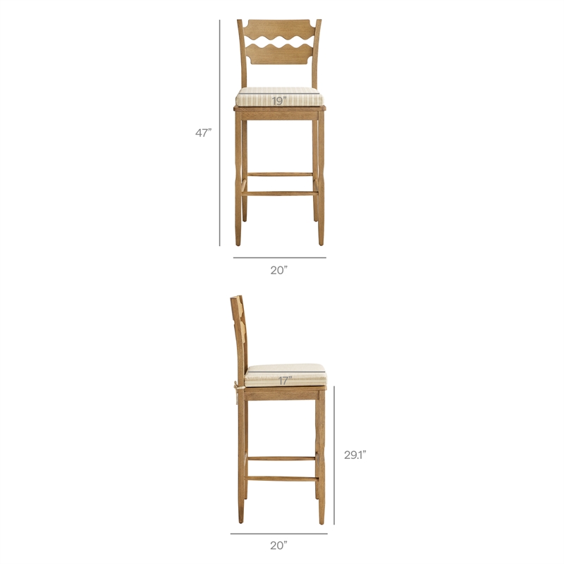 Jax Oak Wood Bar Stool Razor Back and Cushion in Weathered Oak Oatmeal Stripe