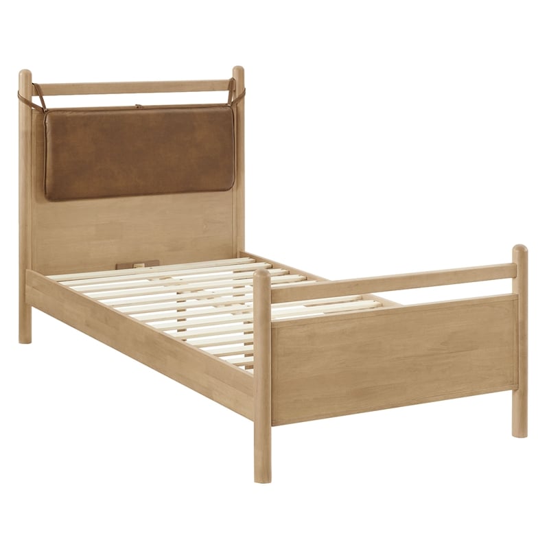 Leni Twin Size Vegan Leather and Wood Platform Bed Frame in Light Oak Canyon