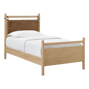 Leni Twin Size Vegan Leather and Wood Platform Bed Frame in Light Oak Canyon