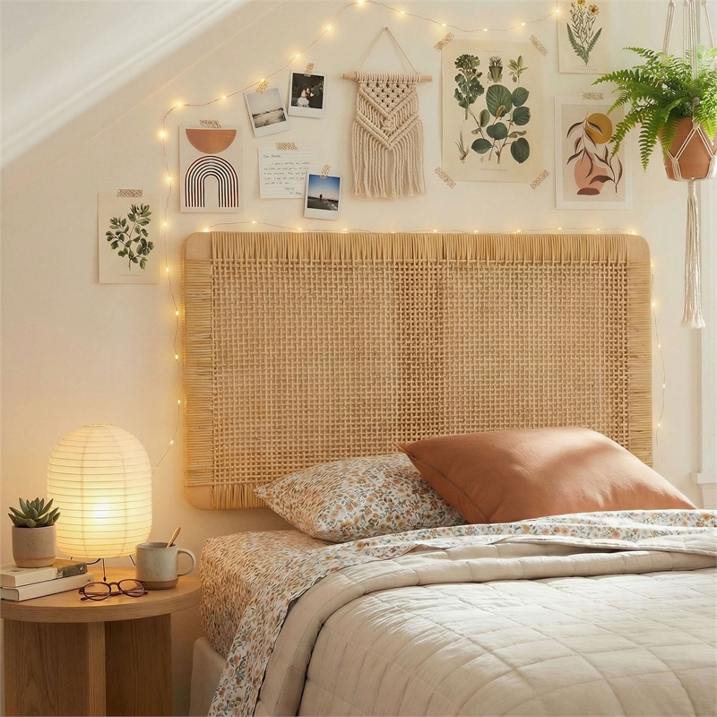 Sandy Wall Mounted Wood and Rattan Twin Size Headboard in Natural Rattan