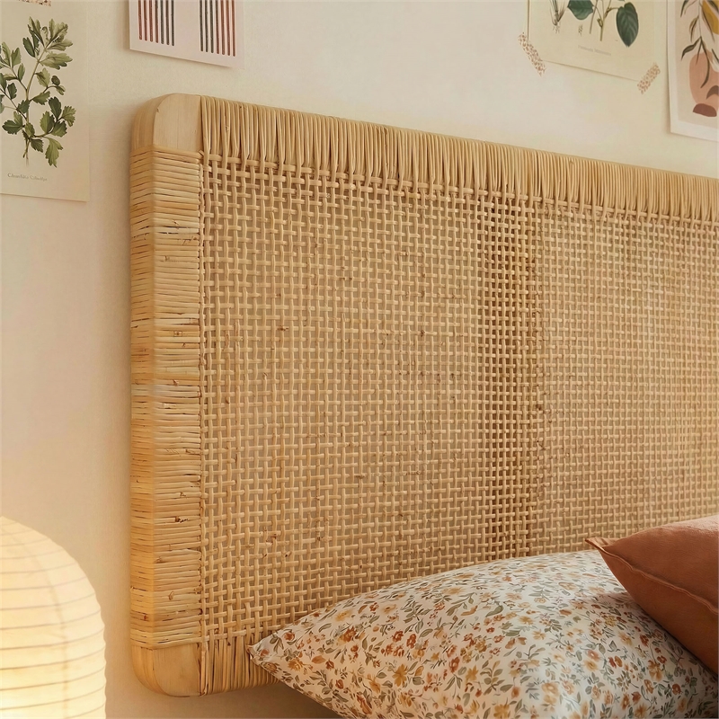 Sandy Wall Mounted Wood and Rattan Twin Size Headboard in Natural Rattan