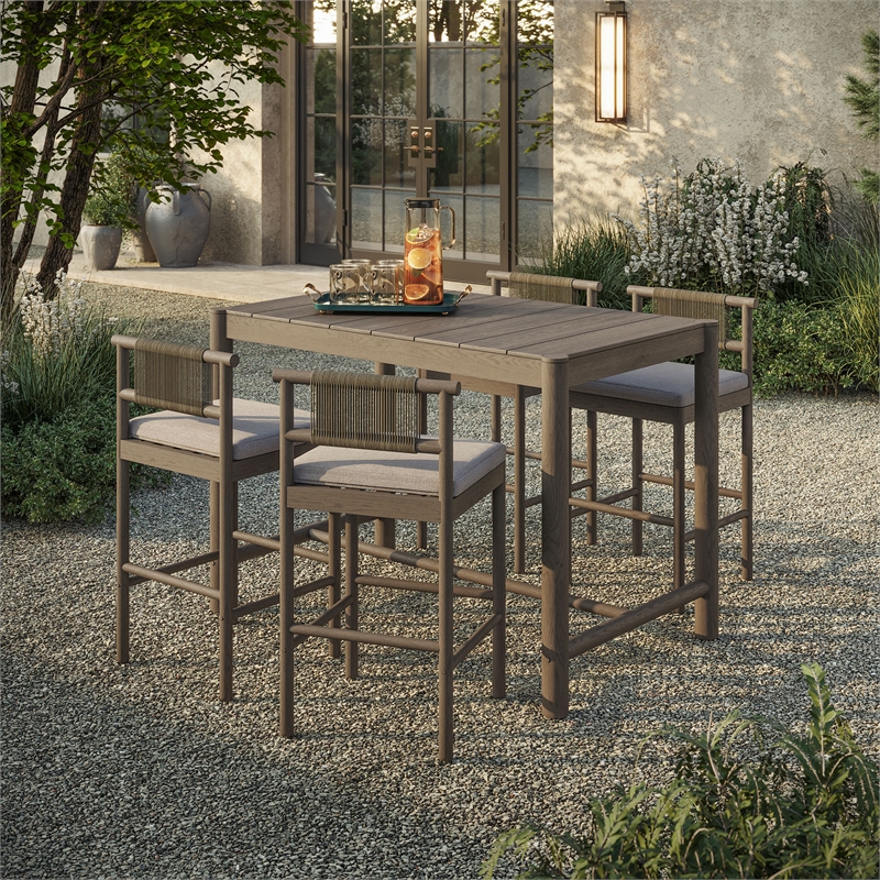 Eleni 5-Piece Outdoor Teak Wood Bar Set in Weathered Gray Pebble