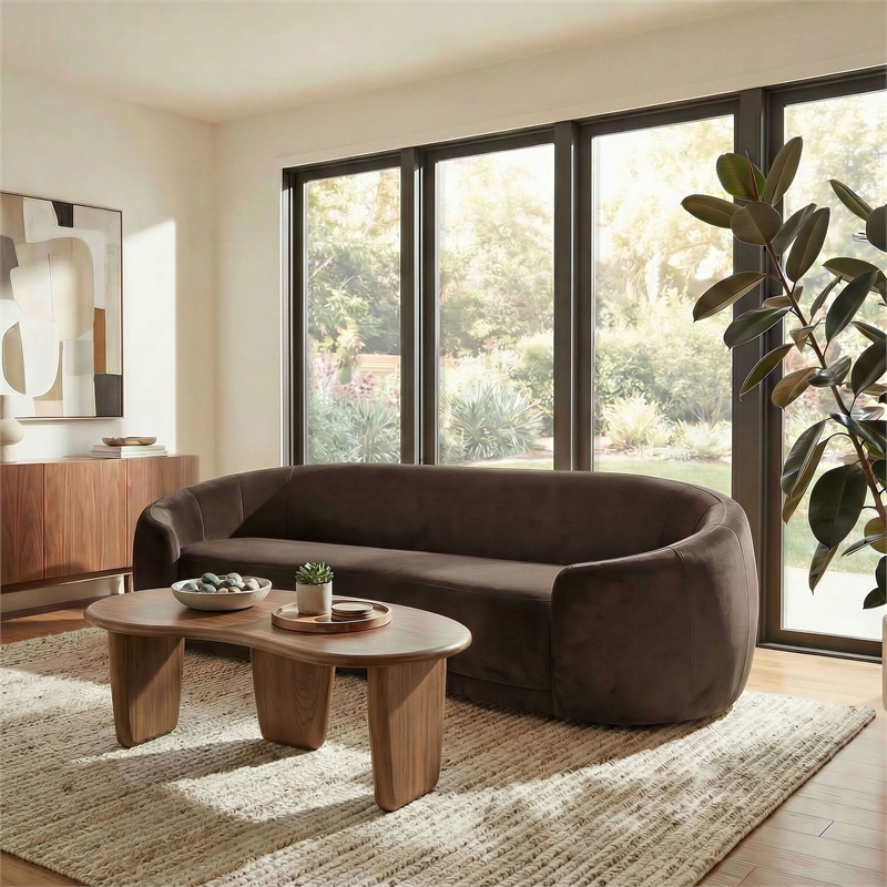 Contessa Curved Performance Velvet Sofa in Chocolate Brown