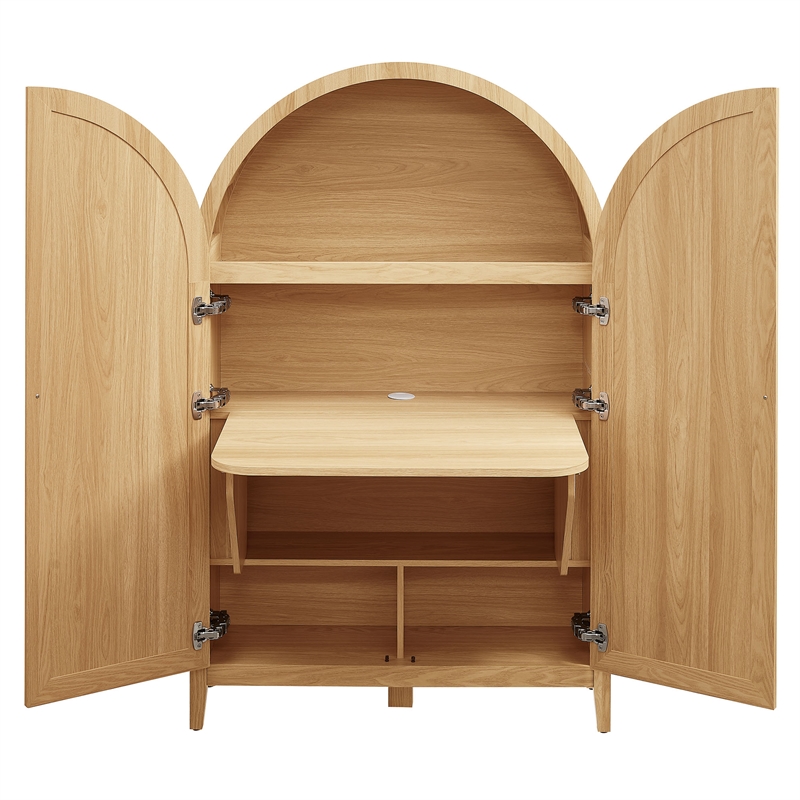 Calista 63 Inch Arched Storage Cabinet With Folding Desk in Oak