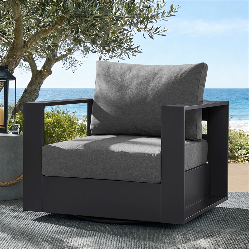 Tahoe Outdoor Powder-Coated Aluminum Swivel Armchair in Gray Charcoal