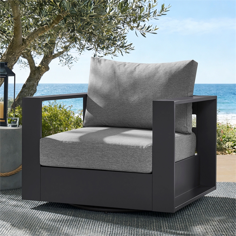 Tahoe Outdoor Powder-Coated Aluminum Swivel Armchair in Gray Gray