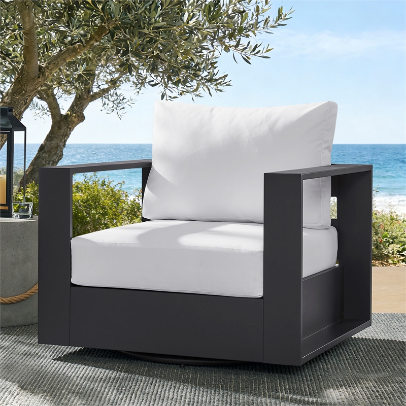 Tahoe Outdoor Powder-Coated Aluminum Swivel Armchair in Gray White