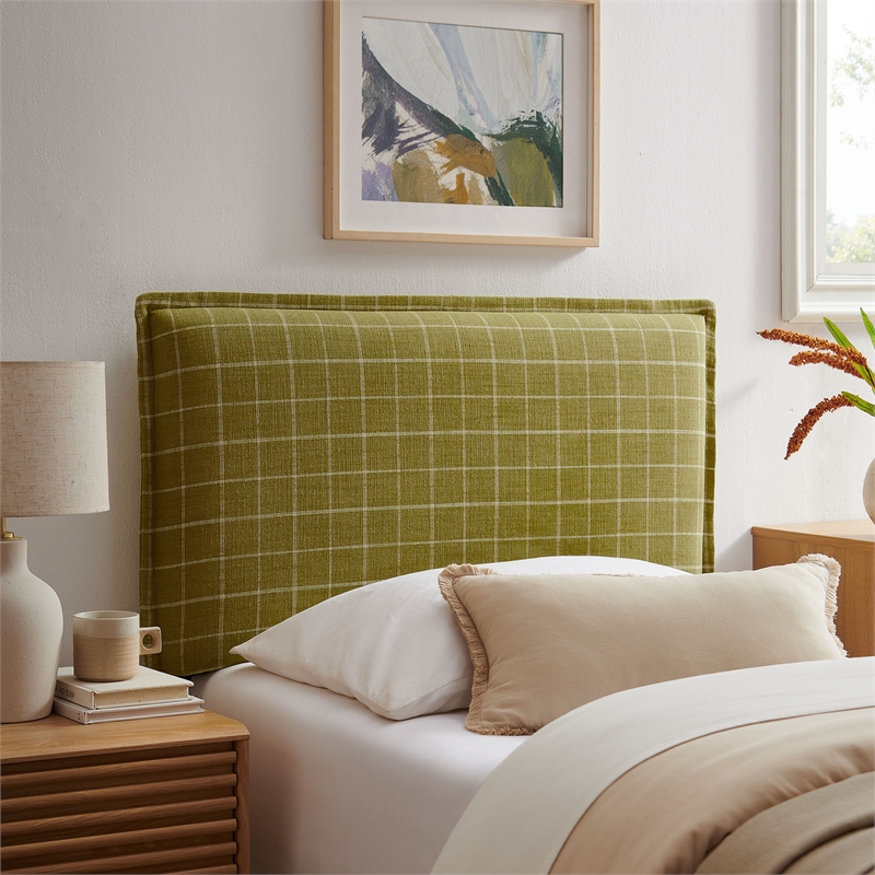 Camille Checkered Linen Blend Twin Size Headboard in Artichoke Windowpane Check
