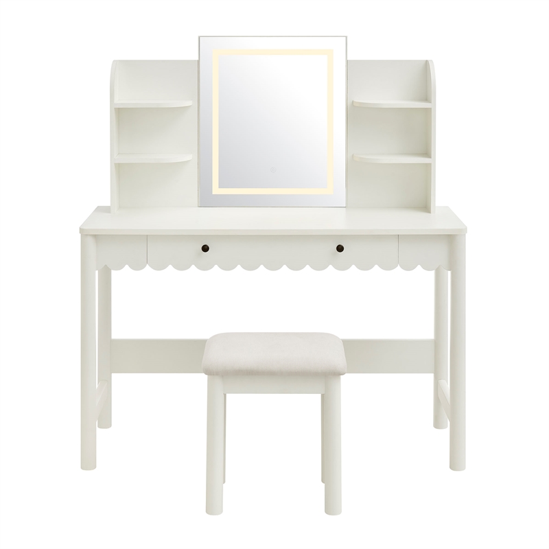 Emmeline Scalloped Makeup Vanity Desk With LED Mirror and Stool in White Ivory