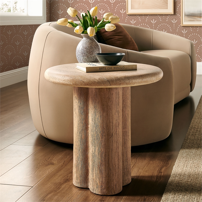 Tori 20 Inch Round Indoor and Outdoor Side Table in Travertine