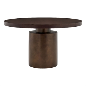 Annette 54 Inch Round Pedestal Base Dining Table in Dark Walnut Burnished Brass