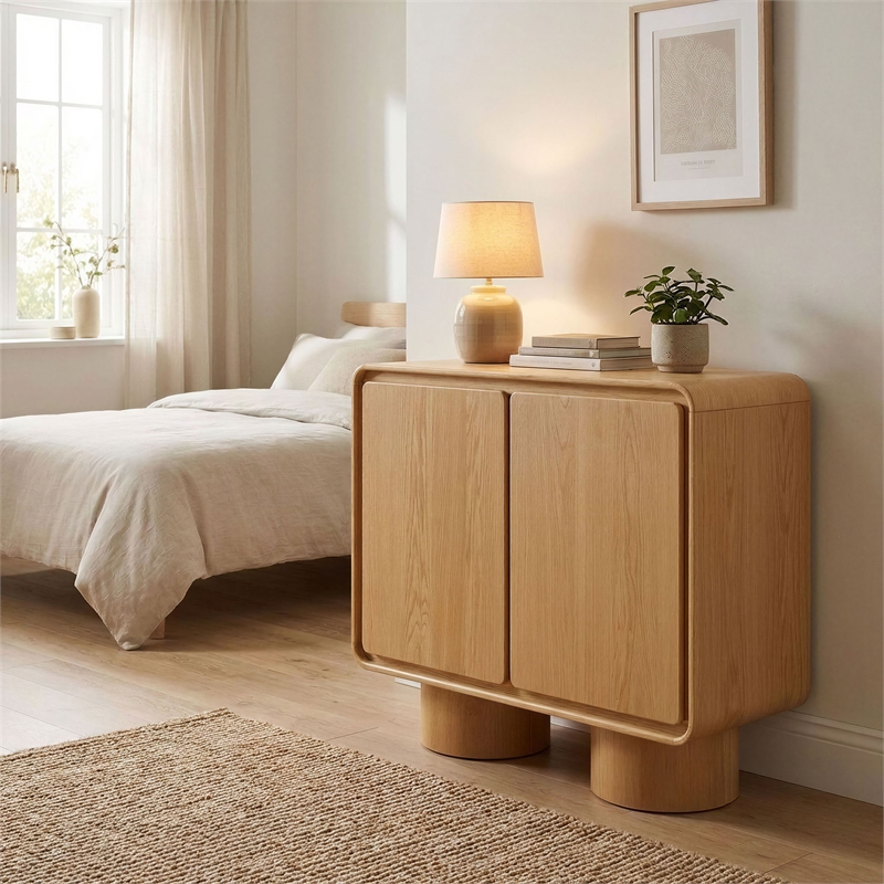 Lumo 2-Door Curved Wood Accent Cabinet in Oak