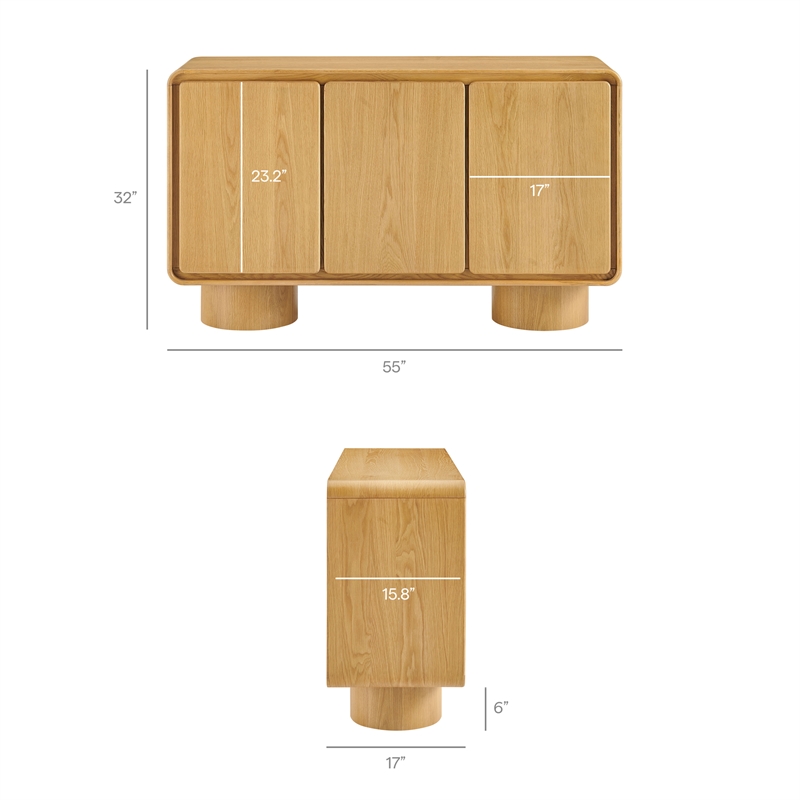 Lumo 3-Door Curved Wood Accent Cabinet in Oak