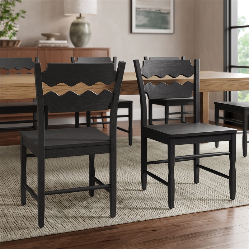 Jax Oak Wood Dining Chair With Wavy Razor Back Set of 2 in Black