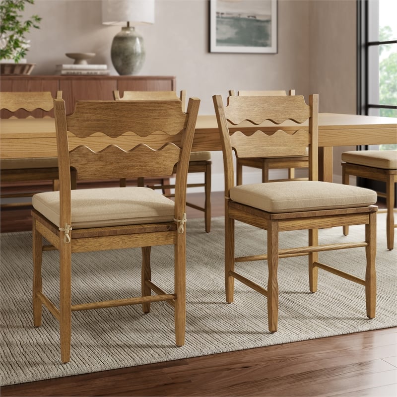 Jax Oak Wood Dining Chair With Wavy Razor Back and Cushion Set of 2