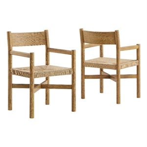 Alvia Oak Wood Dining Armchairs With Woven Seats Set of 2 in Weathered Oak