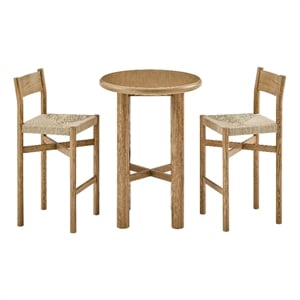 Alvia 3-Piece Round Oak Wood Bar Table With Bar Stools Set in Weathered Oak