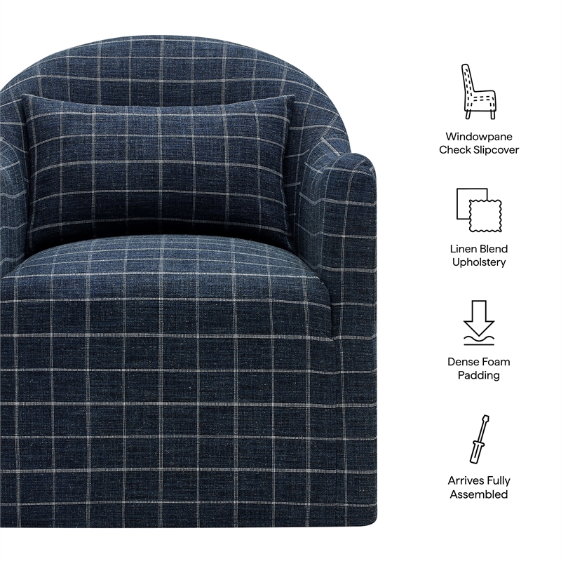 Bardot Slipcovered Linen Blend Accent Chair in Denim Windowpane Check