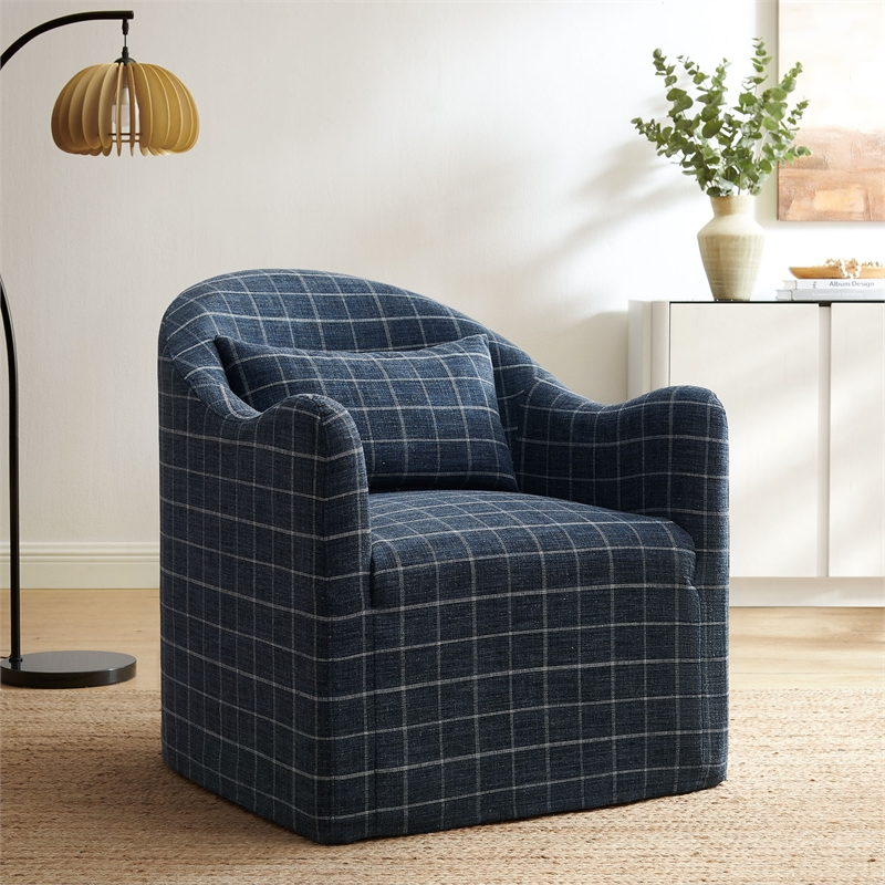 Bardot Slipcovered Linen Blend Accent Chair in Denim Windowpane Check