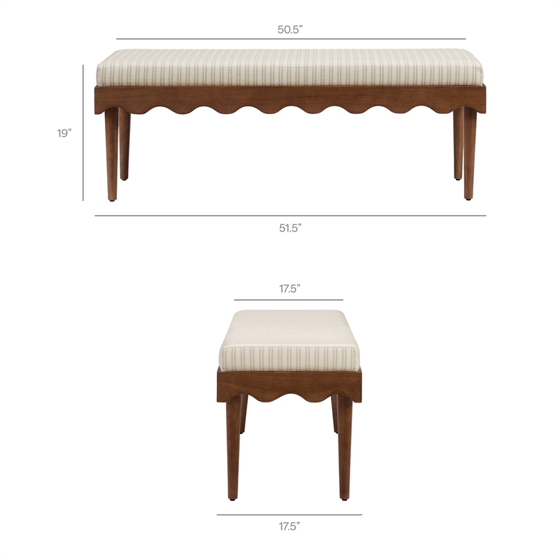 Mirette Scalloped Edge Striped Accent Bench in Oatmeal Stripe