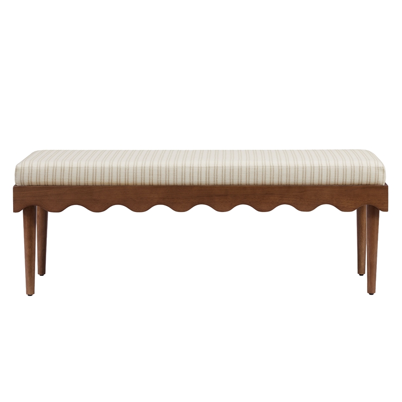 Mirette Scalloped Edge Striped Accent Bench in Oatmeal Stripe