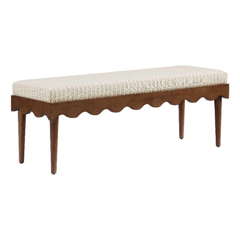 Mirette Scalloped Edge Striped Accent Bench in Oatmeal Stripe